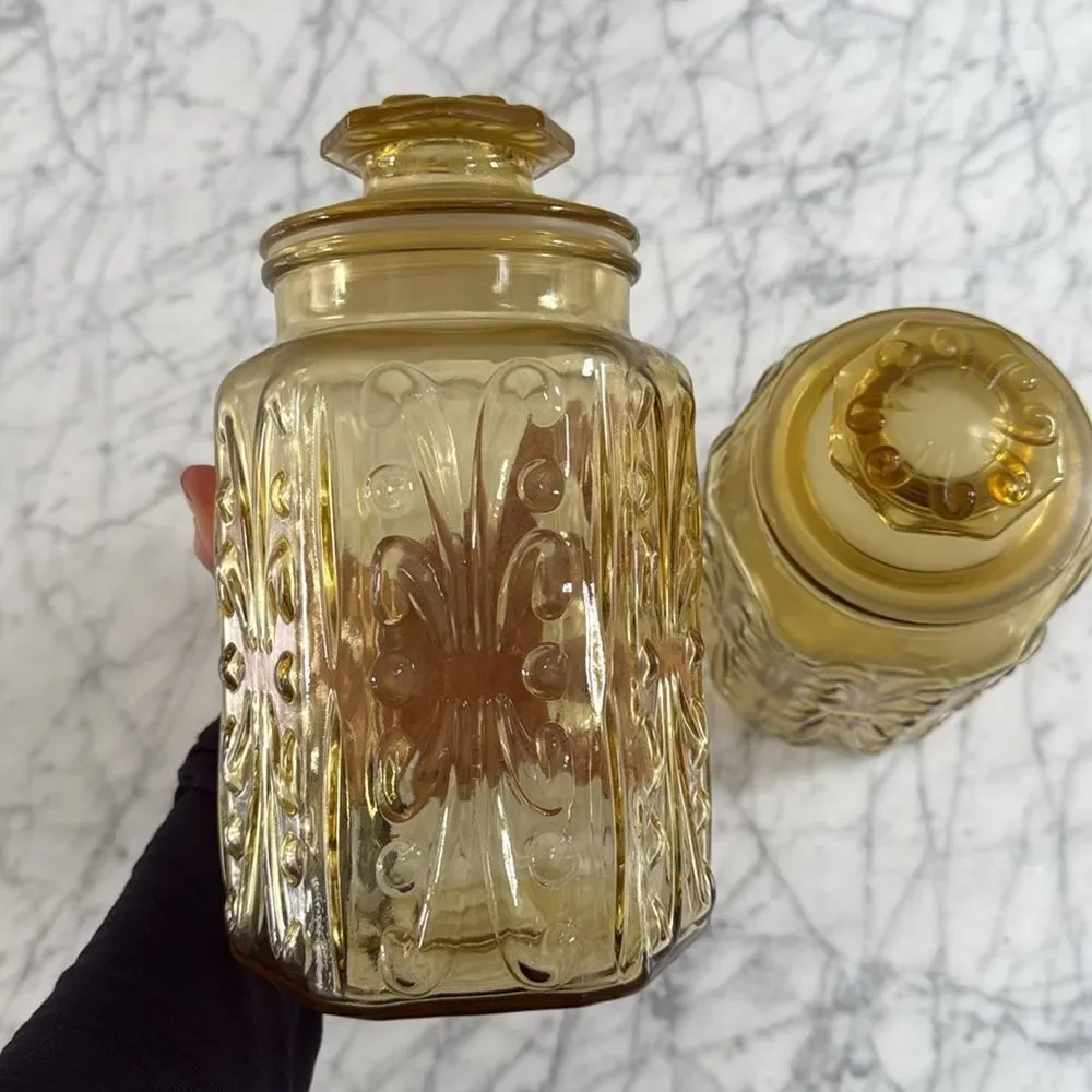 Vintage L.E. Smith Atterbury Scroll glass canister jar X2 apothecary
